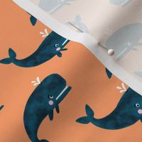 Swimming Whales on Orange