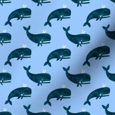 Swimming Whales on Sky Blue
