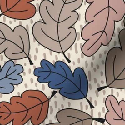 329 - East Fork Oak leaves in muted autumn colors or donkey brown, taupe, cream, russet and denim blue -f for masculine wallpaper, bed linen, thanksgiving and cozy dining linen and decor