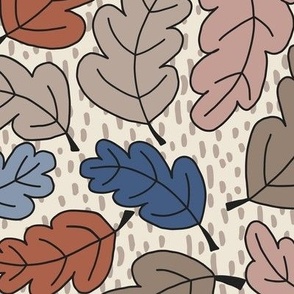329 - East Fork Oak leaves in muted autumn colors or donkey brown, taupe, cream, russet and denim blue -f for masculine wallpaper, bed linen, thanksgiving and cozy dining linen and decor