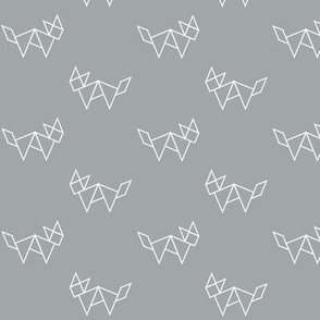 Tangram fox in white outline on grey