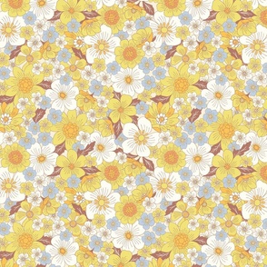 Buttercup Retro wildFlowers Yellow Blue brown by Jac Slade