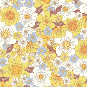 Buttercup Retro Floral Yellow, Blue, Brown by Jac Slade