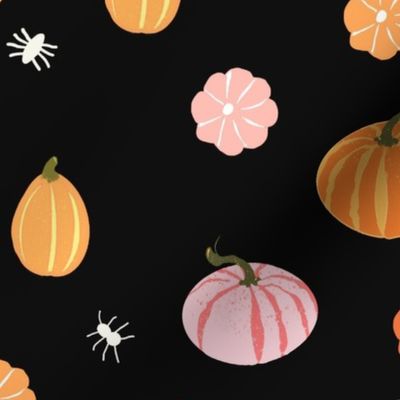 RETRO 90S HALLOWEEN PUMPKINS AND BUGS PINK ORANGE BLACK DITSY 