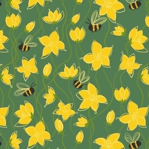Hand drawn Bees and Buttercups | Summer Floral Garden in Yellow and Greens (Small Print)