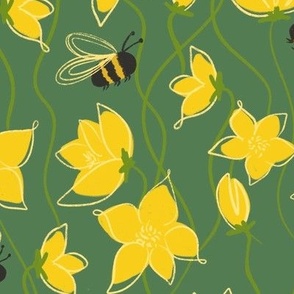 Hand drawn Bees and Buttercups | Summer Floral Garden in Yellow and Greens (Large Print)