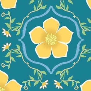 Buttercup tile with blue circle on teal