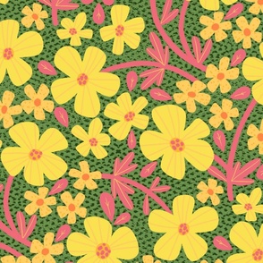 Summery retro Buttercups Bright green, yellow and pink