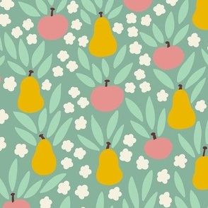 Pastel Apples & Pear with Leaves & Flowers