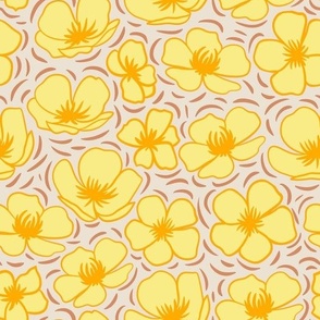 Yellow Buttercup Flowers on Beige Background