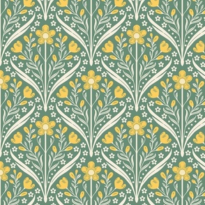 buttercup damask - arts and crafts floral home decor - green 