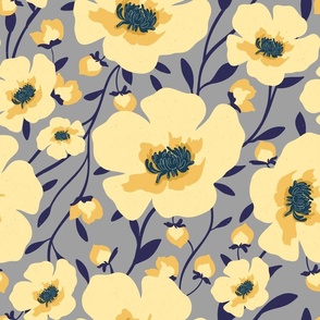 Lovely yellow buttercup florals in navy and grey background 18 inch medium scale