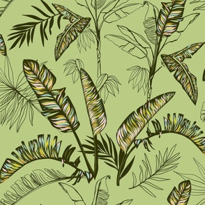 tropical lounge scribbled banana leaves, green