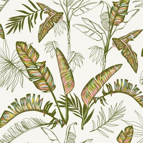 tropical lounge scribbled banana leaves, green on off-white