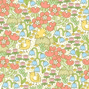 Flower meadow with little birds in a primitive style. Bright colors. Large