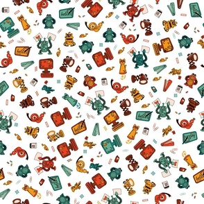 Cute, Simple, Happy and Colorful Robots in green, orange, yellow and reddish colors on a light background
