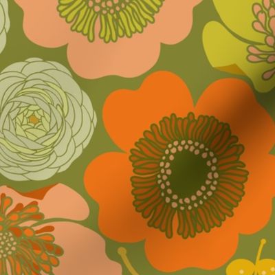 Retro Modern Buttercups and Anemonies Sage
