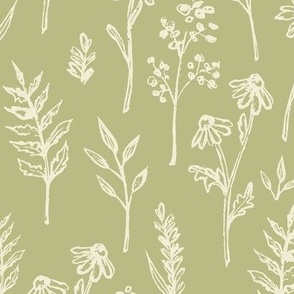 Hand-drawn textured flowers on green background