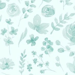 Blue watercolor florals on light turquoise background