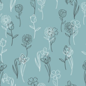 Spring flowers line drawing floral minimalist seamless repeat