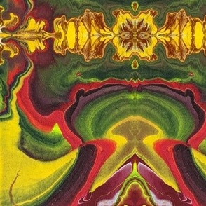 A Mirrored Image in Red, Green, and Brown Seems to Be Sinking Into Lemon Custard Yellow  (mid-size) (0575)