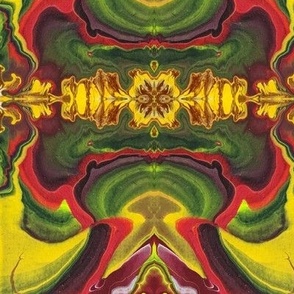 A Mirrored Image in Red, Green, and Brown Seems to Be Sinking Into Lemon Custard Yellow  (small) (0575)