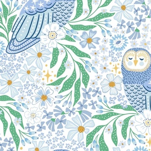 owl and flowers/blue/large