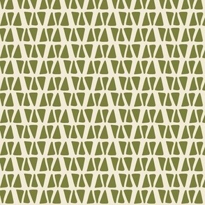 Medium scale geometric modern triangle pattern in creamy yellow and olive green, stylized linear hand drawn pattern with soft organic shapes - for apparel, quilting, patchwork, soft furnishings and wallpaper.