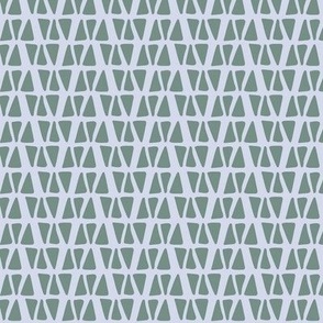 Medium scale sage green and slate grey blue geometric modern triangle pattern, stylized linear hand drawn pattern with soft organic shapes - for apparel, quilting, patchwork, soft furnishings and wallpaper.