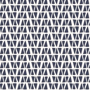 Medium scale dark navy blue and off white geometric modern triangle pattern, stylized linear hand drawn pattern with soft organic shapes - for apparel, quilting, patchwork, soft furnishings and wallpaper.