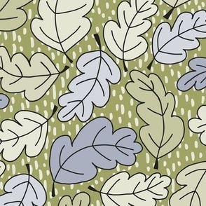 329 - Medium large scale  pastel soft leaf sage green and blue-grey non directional Oak leaves swirling, flowing and curving, for nursery wallpaper, curtains, table linen, and apparel.