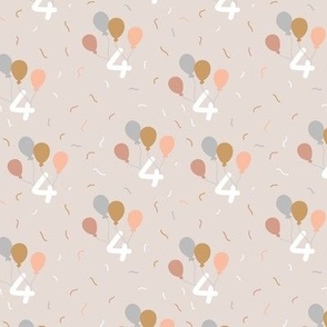 Happy 4th birthday - Balloons and confetti birthday party design orange brown gray on beige neutral vintage seventies palette