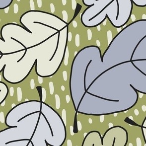 $$ Pretty soft leaf green and blue-grey non directional Oak leaves swirling, flowing and curving, for nursery wallpaper, curtains, table linen, and apparel.