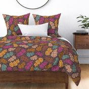 329 - Jumbo scale oak leaves funky in autumn colors of purple, mustard and teal , flowing and curving, for wallpaper, curtains, table linen, and apparel.
