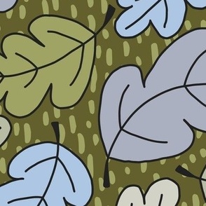 329 - Jumbo scale pretty olive green, blush and blue grey Oak leaves swirling, flowing and curving, for nursery wallpaper, curtains, table linen, and apparel.