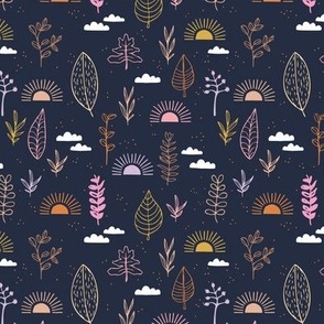 Little colorful autumn garden with sunrise leaves clouds and petals pink orange mustard on navy blue