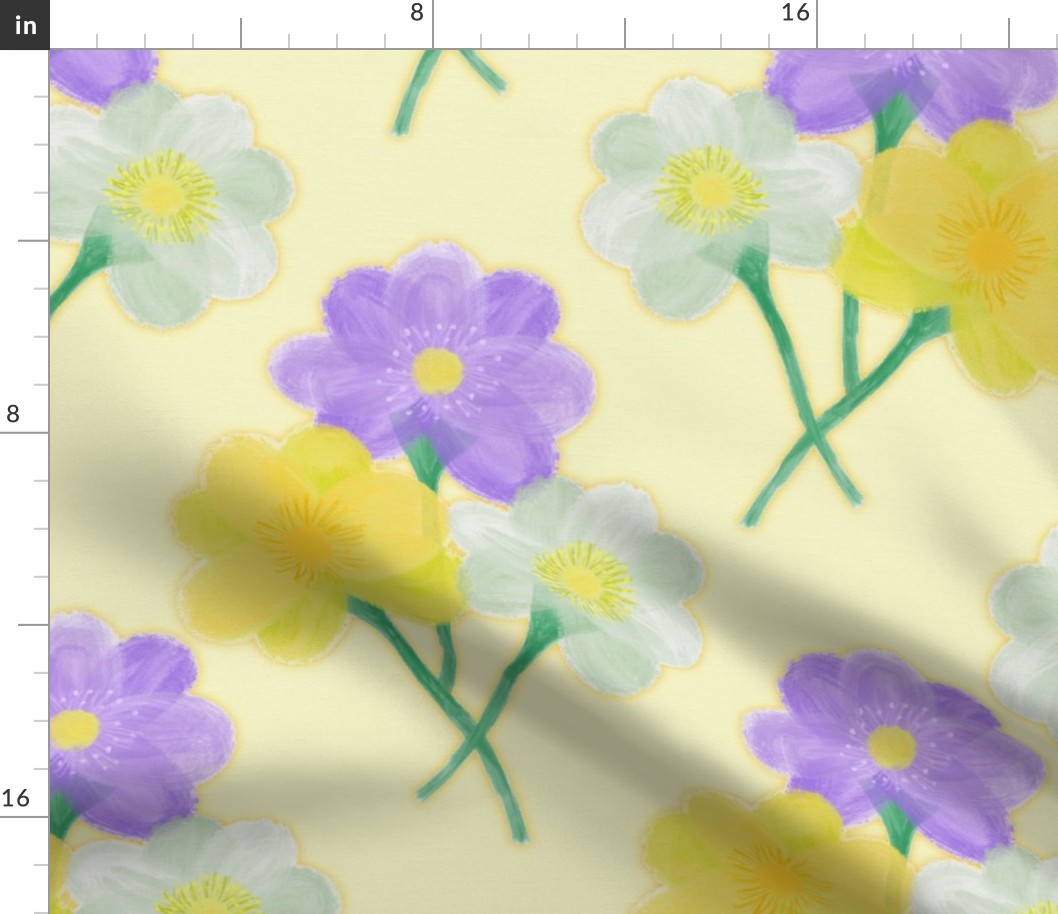 Yellow Floral Butter Cup Trio Cheery Hand Painted Flowers Duvet Purple White Yellow Green Botanical Pillow