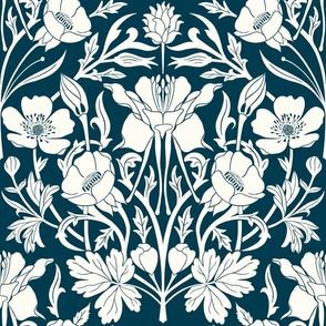 Columbine and buttercups/modern damask/floral vine garden/prussion blue