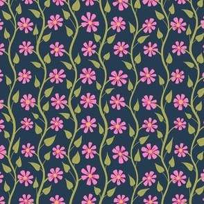 Wavy Clematis Stripes - pink flowers - dark blue - shw1047a - small scale