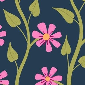 Wavy Clematis Stripes - pink flowers - dark blue - shw1047a - large scale