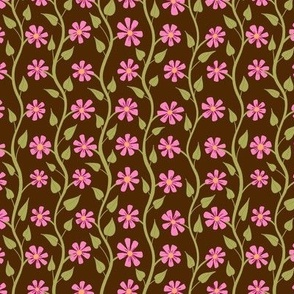 Wavy Clematis Stripes - pink flowers - dark brown - shw1047b - small scale