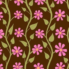 Wavy Clematis Stripes - pink flowers - dark brown - shw1047b  - medium scale