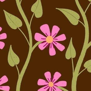 Wavy Clematis Stripes - pink flowers - dark brown - shw1047b - large scale