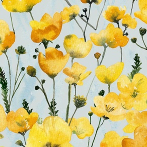 Watercolour Buttercups On Sky Blue Textured Large