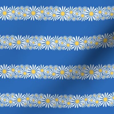 S – Blue Daisy Stripes – Retro Vintage Summer Floral Horizontal Pinstripe