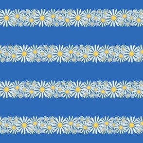 S – Blue Daisy Stripes – Retro Vintage Summer Floral Horizontal Pinstripe