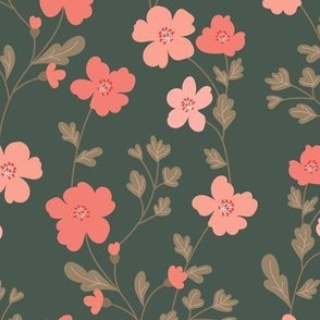 Vintage flowers. Dark green and pink pattern. Big scale