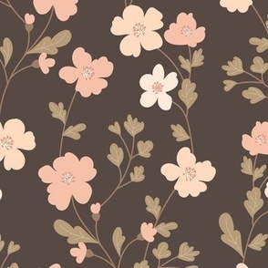 Vintage flowers. Brown and pink pattern. Big scale