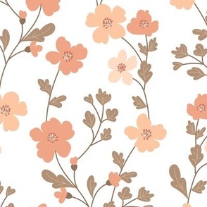 Vintage beige and pink flowers. White pattern. Big scale