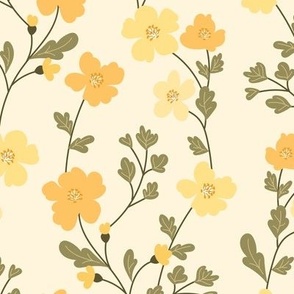 Vintage flowers. Yellow pattern. Big scale